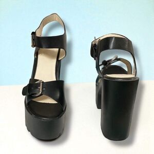 Black Leather Open Toe Lug Sole High Heels  NEW